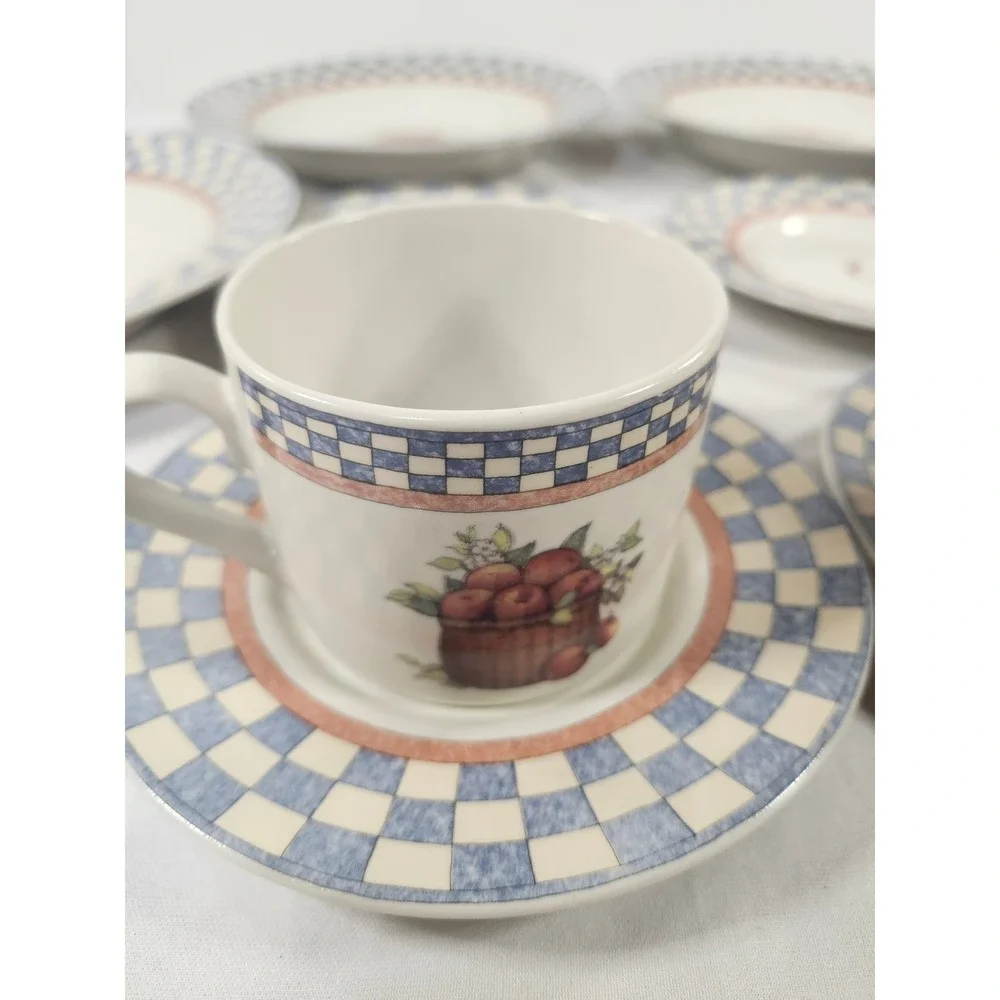 International Tableworks Apple Basket Susan Winget Stoneware Set Blue Checkered